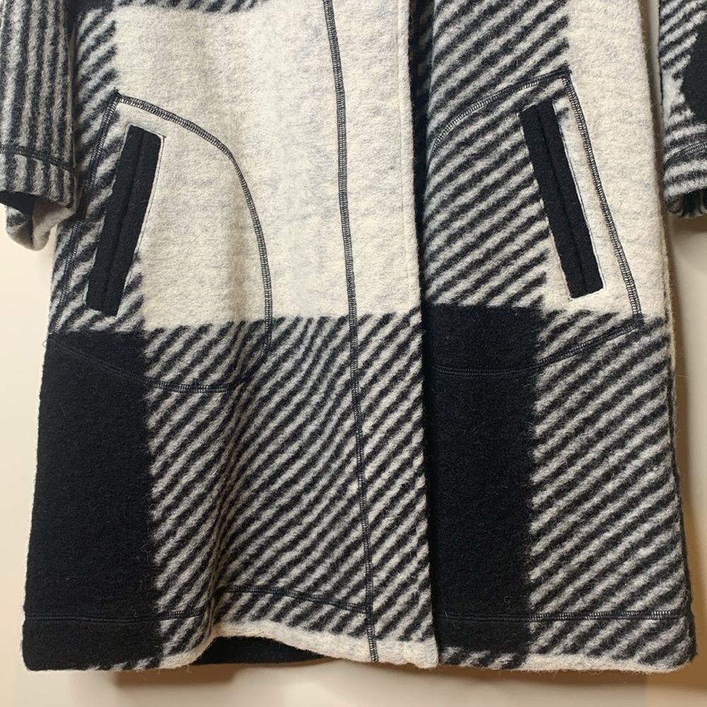 Kenar | Black White Wool Blend Color Pattern Block Hooded Cardigan Duster Coat S - Picture 8 of 16